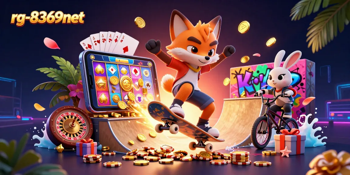 Experience the excitement of rg-8369net with a skateboarder fox and BMX rabbit in a packed casino scene.