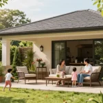 Freistehende Terrassenüberdachung in einem eleganten Garten mit einer Familie, die einen sonnigen Tag genießt.