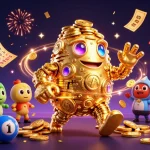 Kubet players enjoy a vibrant casino atmosphere with colorful lottery balls and the dynamic golden golem surrounded by gaming elements.