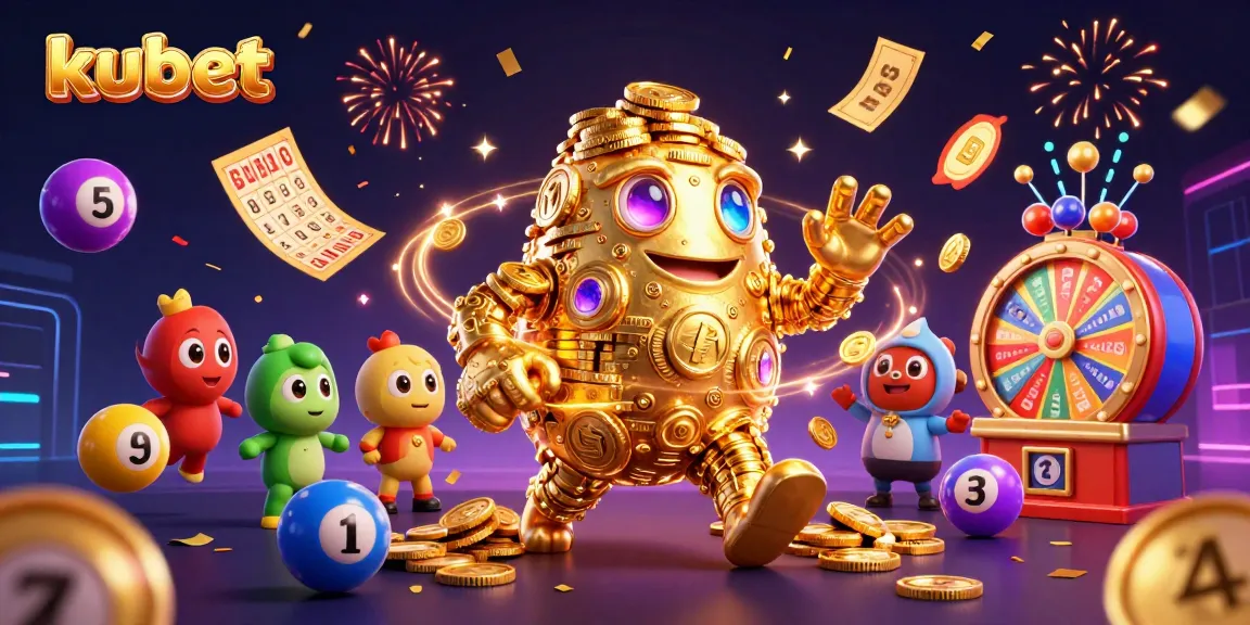 Kubet players enjoy a vibrant casino atmosphere with colorful lottery balls and the dynamic golden golem surrounded by gaming elements.