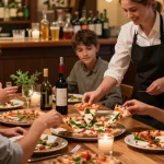 Enjoying authentic Italian pizza at Pizzeria Madera, highlighting pg soft and a cozy dining atmosphere.