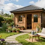 Gartenhäuser aus Holz in einer grünen Gartenlandschaft mit gemütlicher Sitzgelegenheit und Blumen.