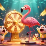 Engage with the exhilarating energy of qs88 as the flamingo host spins the prize wheel amidst vibrant casino excitement.