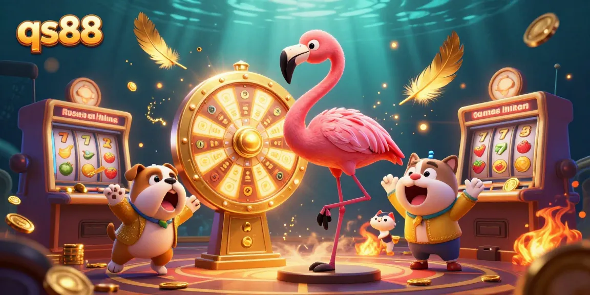 Engage with the exhilarating energy of qs88 as the flamingo host spins the prize wheel amidst vibrant casino excitement.