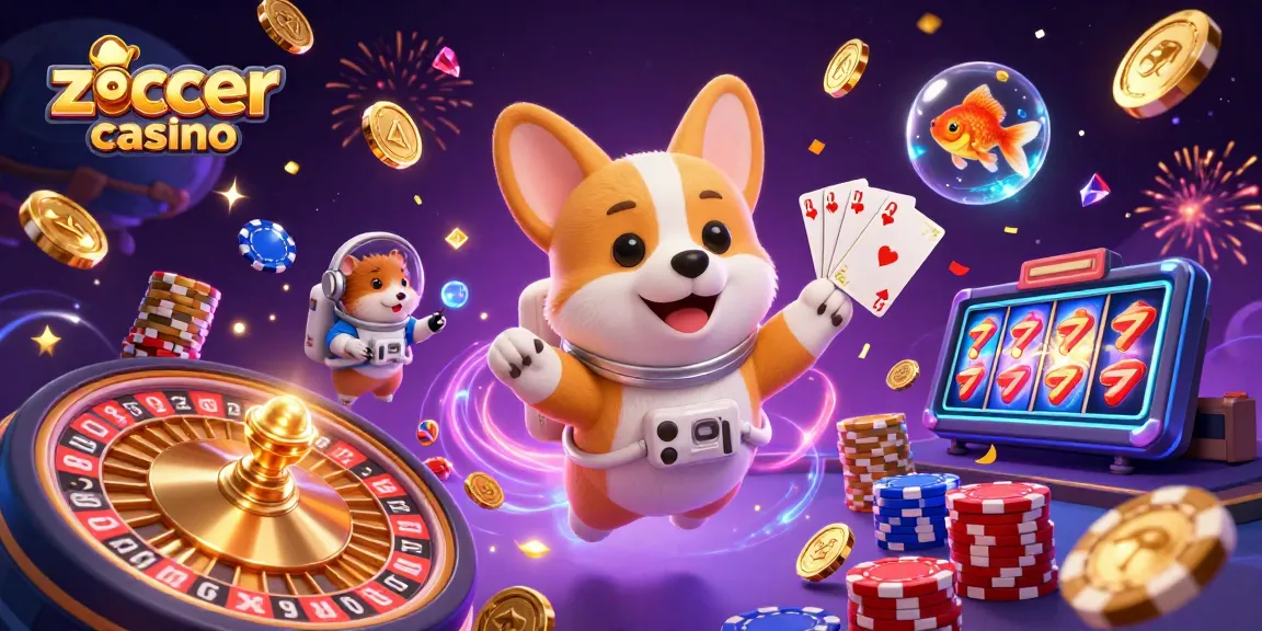Zoccer casino offers vibrant gameplay, featuring floating characters in a dynamic space setting with casino elements.