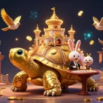 Experience the thrill of LC88 with a 3D scene featuring a golden tortoise casino, vibrant characters, and dynamic betting elements.