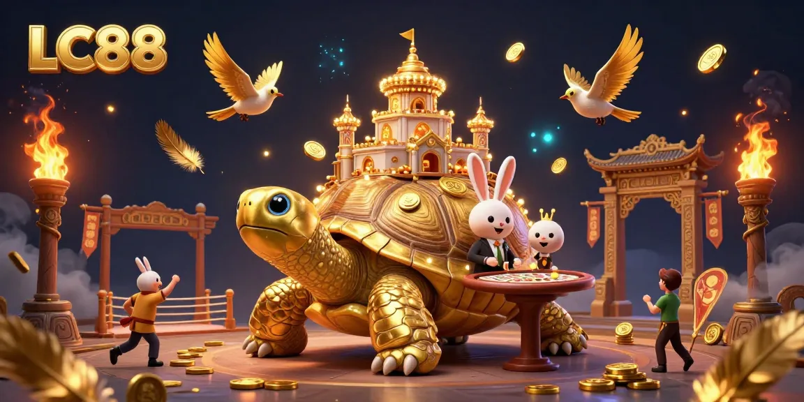 Experience the thrill of LC88 with a 3D scene featuring a golden tortoise casino, vibrant characters, and dynamic betting elements.