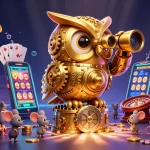 Spin and win with qs88 as a clockwork owl watches over a vibrant casino scene full of excitement.