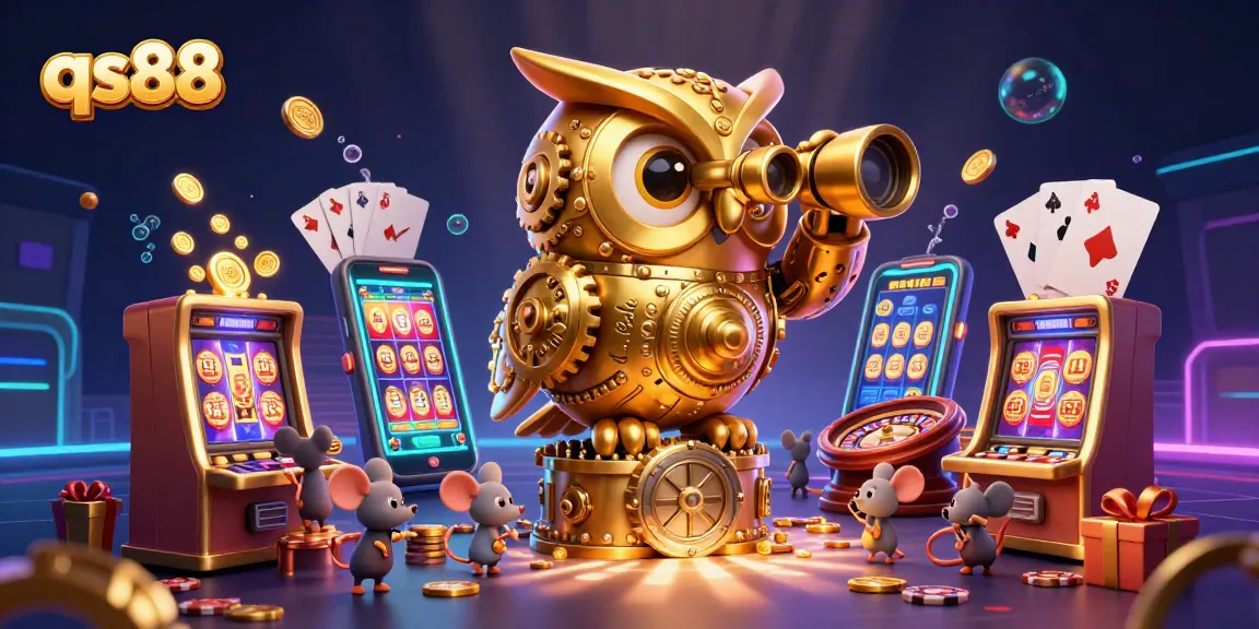 Spin and win with qs88 as a clockwork owl watches over a vibrant casino scene full of excitement.