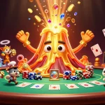 Zoccer Casino scene showcasing excitement with a golden volcano erupting treasure and poker elements