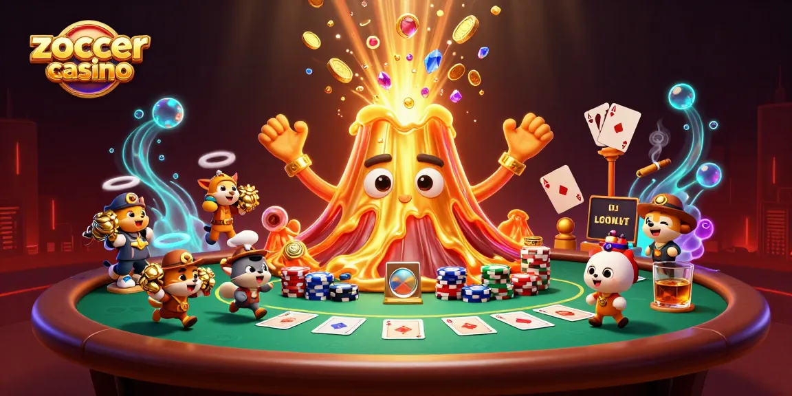 Zoccer Casino scene showcasing excitement with a golden volcano erupting treasure and poker elements