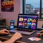 Engaging player exploring the QS88 online gaming platform with cards and chips on the desk.