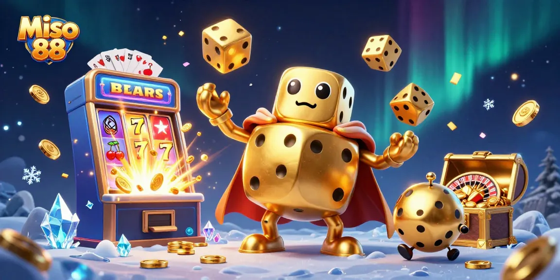 Miso 88 showcases an exciting jackpot scene with a golden dice golem and vibrant casino elements.