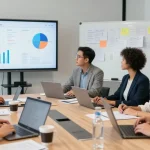 Moderne Arbeitsumgebung mit Fachleuten, die an der Feedback Kultur arbeiten und Ideen austauschen.