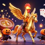 Experience RR88 with a vibrant casino scene featuring golden rooster, treasure, and gaming action.