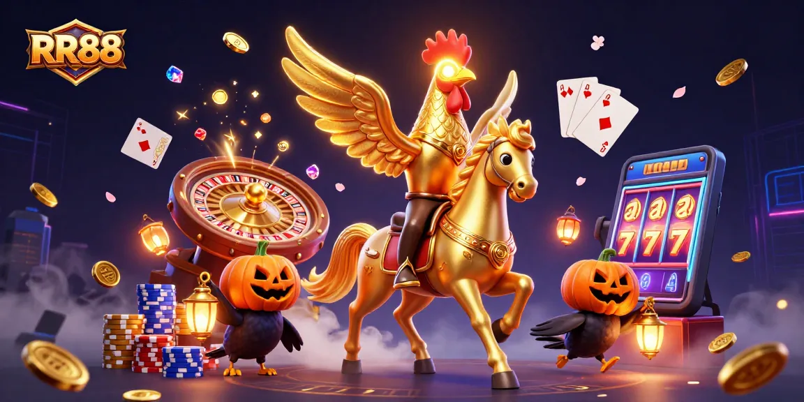 Experience RR88 with a vibrant casino scene featuring golden rooster, treasure, and gaming action.