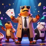 Kp 88 casino illustration with raptors and bouncer, festive gambling elements around