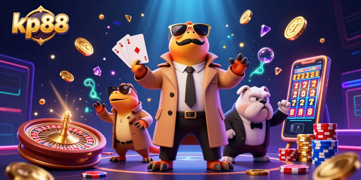 Kp 88 casino illustration with raptors and bouncer, festive gambling elements around