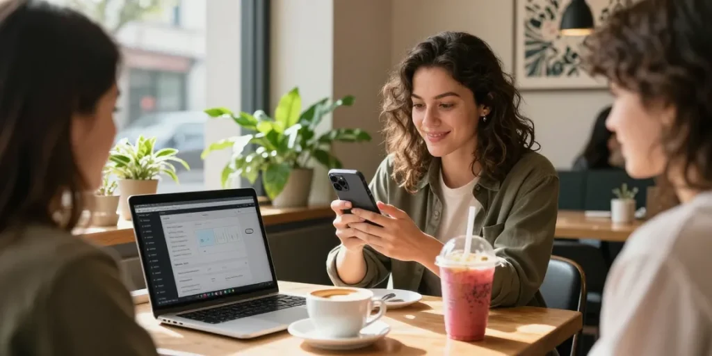 Kate, die TikTok-Follower kauft, interagiert in einem Café mit ihrer Community und zeigt Inhalte.