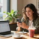 Kate, die TikTok-Follower kauft, interagiert in einem Café mit ihrer Community und zeigt Inhalte.
