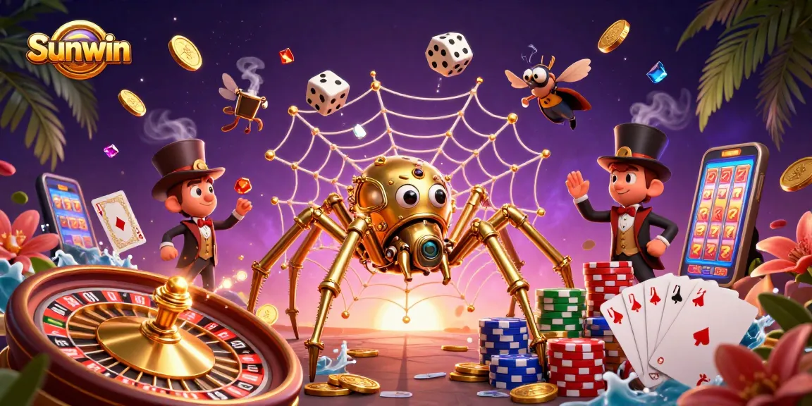 Sunwin engages players with a lively scene of a golden spider and Victorian fly amidst coins and cards.