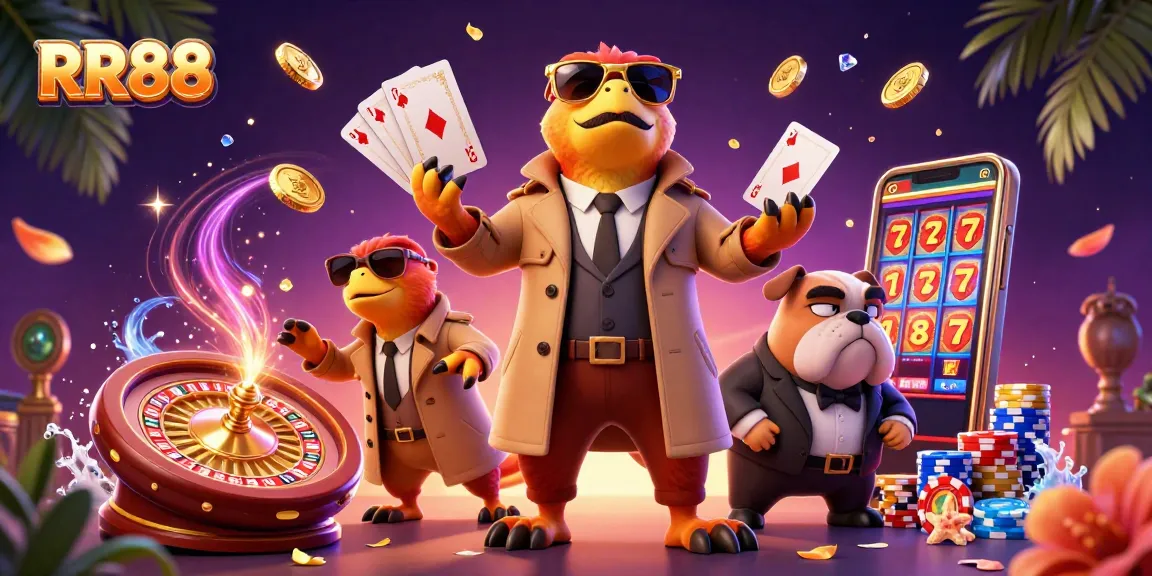 RR88 players celebrate big wins in a vibrant 3D casino scene filled with games and excitement.