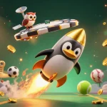 Sx88 reveals a thrilling rocket-powered penguin soaring towards a casino station amid vibrant sports balls and golden prizes.