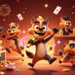 Experience sunwin's vibrant casino scene with hyenas enjoying comedy amidst confetti and treasure.