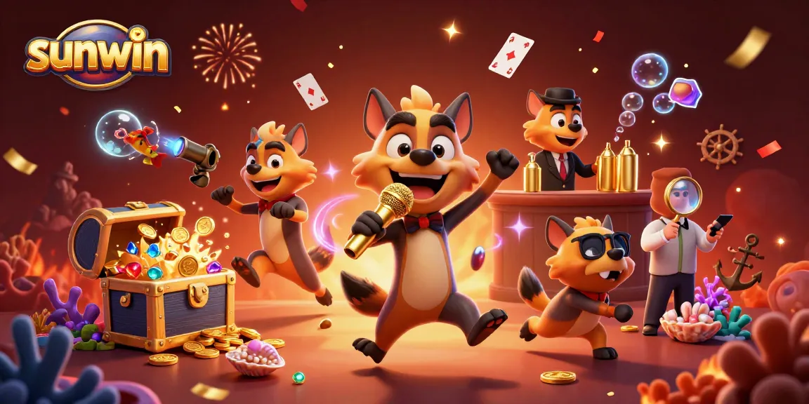 Experience sunwin's vibrant casino scene with hyenas enjoying comedy amidst confetti and treasure.