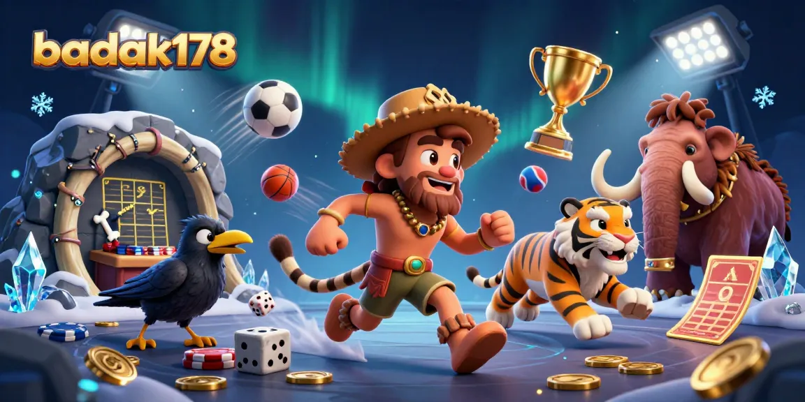 Engage with captivating games at badak178, featuring a lively prehistoric casino scene with dynamic sports elements.