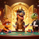 Casino mobile themed illustration featuring a velociraptor at a blackjack table with gold treasures
