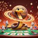 Bet on the cosmic roulette with RR88 featuring a Saturn ring snake and astronaut mice in a vibrant casino scene.