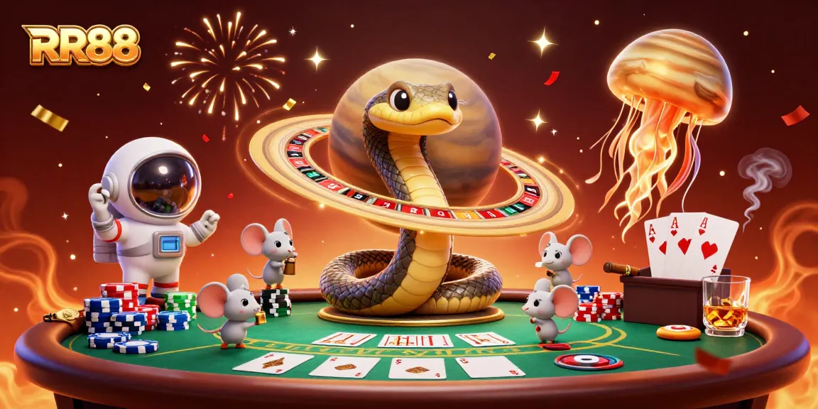 Bet on the cosmic roulette with RR88 featuring a Saturn ring snake and astronaut mice in a vibrant casino scene.